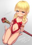  1girl arm_support bangs barefoot blonde_hair blunt_bangs blush bow braid breasts closed_mouth collarbone dragon_quest dragon_quest_xi embarrassed erect_nipples full_body grey_background hair_bow hair_over_shoulder hair_ribbon highres lips long_hair looking_at_viewer orange_bow orange_ribbon red_swimsuit revealing_swimsuit_(dq) ribbon sitting sketch small_breasts solo staff swimsuit twin_braids veronica_(dq11) wariza yapo_(croquis_side) 