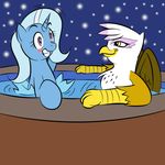  blush dizzypacce equine female feral friendship_is_magic gilda_(mlp) grin gryphon has_located_the_water_jet horn hot_tub interspecies kloudmutt mammal my_little_pony smile tail trixie_(mlp) unicorn water wings 