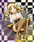  ahika_(akihasakuri) beret blonde_hair breasts drill_hair hat large_breasts magical_girl mahou_shoujo_madoka_magica nipples skirt smile solo striped striped_legwear thighhighs tomoe_mami tongue twin_drills twintails vertical-striped_legwear vertical_stripes yellow_eyes 