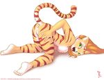  2010 all_fours anus breasts feline female green_eyes hair hindpaw joe_randel looking_at_viewer looking_back nipples nude open_mouth orange_hair presenting pussy solo stripes tail tiger yellow 