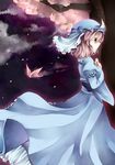  bad_id bad_pixiv_id blue_dress bug butterfly cherry_blossoms dress ghost hat highres insect night night_sky obi petals pink_eyes pink_hair saigyouji_yuyuko sash short_hair sky solo tears tepes touhou tree triangular_headpiece 