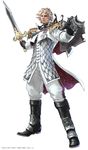  2011 absurdres blonde_hair full_body highres male male_focus official_art patroclus patroklos_alexandra pointing scale_armor shield simple_background solo soul_calibur soul_calibur_v soulcalibur_v sword weapon white_background 