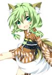  braid green_eyes green_hair kemonomimi kitsunemimi open_mouth saitou_kon shingetsu_takehito solo tail twin_braids wafuku 