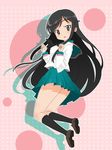  a_channel black_hair black_legwear brown_eyes highres jumping kimura_shigetaka kneepits long_hair looking_back midriff nishi_yuuko open_mouth pleated_skirt sailor_collar_lift school_uniform serafuku skirt solo thighs tsurime very_long_hair 