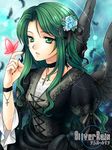  1girl angel black_wings butterfly eyes flower gothic green_eyes green_hair long_hair lowres rain silver silver_rain solo wings 