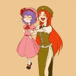  &gt;:) :d ^_^ ascot beret blush braid brooch child closed_eyes commentary_request hakoro hands_on_hips hat hong_meiling jewelry lifting lifting_person long_hair multiple_girls no_wings open_mouth purple_hair red_hair remilia_scarlet short_hair side_slit simple_background smile smug standing star touhou triumph_(expression) twin_braids v-shaped_eyebrows very_long_hair wrist_cuffs 