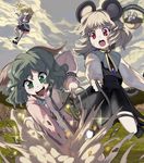  animal_ears blonde_hair capelet collar commentary_request digging floating flying gem gold green_eyes green_hair grin highres jewelry kasodani_kyouko leash mizuhashi_parsee mouse mouse_ears mouse_tail multiple_girls nazrin pendant shope silver_hair smile sweatdrop tail touhou 