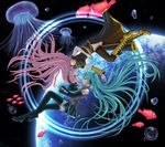  armband boots bubble cross-laced_footwear detached_sleeves fish hatsune_miku headphones highres jellyfish lace-up_boots long_hair megurine_luka multiple_girls pink_hair planet rotational_symmetry space thigh_boots thighhighs very_long_hair vocaloid yukimeg 