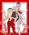  alternate_hairstyle ass ass_grab bad_id bad_pixiv_id bare_shoulders barefoot blue_hair border carrying carrying_over_shoulder cigarette fujiwara_no_mokou grabbing_another's_ass groping hands_in_pockets hat highres kamishirasawa_keine long_hair mouth_hold multiple_girls panties ponytail poruhi red_border red_eyes skin_tight suspenders take_it_home tattoo touhou underwear very_long_hair white_hair 