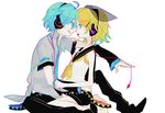  1girl :d :p ahoge aqua_eyes aqua_hair blonde_hair detached_sleeves genderswap genderswap_(ftm) hair_ornament hair_ribbon hairclip hako_(swimjelly) hatsune_mikuo headphones kagamine_rin open_mouth ribbon short_hair sitting smile tongue tongue_out vocaloid 