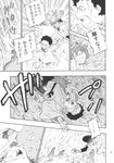  2boys charin check_translation child comic greyscale hat highres holding_hands kawashiro_nitori monochrome multiple_boys river short_hair touhou translation_request two_side_up water 