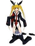  :&lt; blazblue blonde_hair boxers cosplay dokkanohukukaityou guilty_gear hair_ribbon highres long_hair oversized_clothes rachel_alucard ribbon slayer_(guilty_gear) slayer_(guilty_gear)_(cosplay) sleeves_past_fingers sleeves_past_wrists solo twintails underwear very_long_hair 