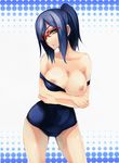  ano_hi_mita_hana_no_namae_wo_bokutachi_wa_mada_shiranai. bare_shoulders blue_hair breast_hold breasts cleavage crossed_arms glasses grey_eyes halftone halftone_background large_breasts nipples one-piece_swimsuit pepe_(jonasan) ponytail red-framed_eyewear school_swimsuit solo swimsuit swimsuit_pull thighs tsurumi_chiriko 