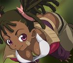  ass ayukawa_miyuki bandaid bandaid_on_face basquash! breasts brown_hair dark_skin downblouse hairlocs haruyama_kazunori large_breasts no_bra purple_eyes smile solo twintails very_dark_skin 