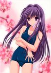  absurdres clannad fujibayashi_kyou highres long_hair one-piece_swimsuit purple_eyes purple_hair school_swimsuit solo swimsuit third-party_edit very_long_hair 