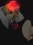  arms_up ascot barefoot blonde_hair dress glowing grin hair_ribbon legs red_eyes ribbon rumia short_hair simple_background siroooo smile solo touhou 