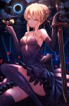  1girl absurdres artoria_pendragon_(all) black_legwear blonde_hair braid breasts cherry cleavage cloud cocktail_glass cup dark_excalibur drinking_glass eclipse elbow_gloves fate/grand_order fate_(series) food french_braid fruit gloves highres lemon lemon_slice looking_at_viewer medium_breasts pasoputi petals saber_alter sidelocks solo thighhighs thighs yellow_eyes 