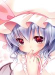  bat_wings blue_hair blush close-up dress face fang finger_in_mouth hat highres irori open_mouth pink_dress red_eyes remilia_scarlet solo touhou wings 