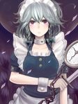  braid hanamuke izayoi_sakuya knife maid maid_headdress red_eyes short_hair silver_hair solo touhou twin_braids 