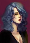  blue_hair breasts cleavage earrings eyeliner face hair_over_one_eye jewelry lips lipstick long_hair makeup medium_breasts original phong_anh simple_background solo upper_body 