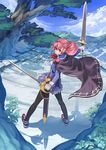  bow braid cape cloud day dual_wielding highres holding looking_back mountain original pantyhose pink_eyes pink_hair plant sheath solo sumith sword tree weapon 