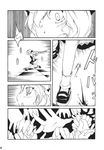  checkered checkered_floor comic doujinshi flandre_scarlet greyscale hands heart highres mary_janes monochrome non_(nuebako) running scared shoes socks tears touhou translated wings 