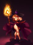  ankle_boots ass bare_shoulders boots breasts brown_hair cleavage crossed_legs curvy damien_dozias detached_sleeves dragon's_crown fire full_body hat hat_over_one_eye highres huge_breasts impossible_clothes long_hair long_skirt narrow_waist orange_hair purple_background sash self_upload side_slit simple_background skirt solo sorceress_(dragon's_crown) staff standing thick_thighs thighs toon witch_hat 