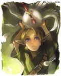  animal animal_on_head bird bird_on_head blonde_hair blue_eyes chicken cucco feathers holding link male_focus on_head pointy_ears s1minami solo the_legend_of_zelda the_legend_of_zelda:_ocarina_of_time young_link 