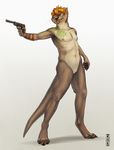  facial_hair goatee gun hair intersex kannos mammal mustelid nude otter pistol plain_background pussy ranged_weapon red_hair solo standing tattoo trystan weapon whiskers white_background 