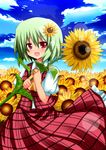  bad_id bad_pixiv_id flower green_hair hair_ornament highres kazami_yuuka plaid red_eyes shinekalta smile solo sunflower touhou 