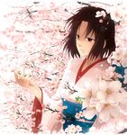  bad_id bad_pixiv_id brown_hair cherry_blossoms izru japanese_clothes kara_no_kyoukai kimono ryougi_shiki short_hair solo 