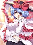  bad_id bad_pixiv_id blue_hair bow breasts chorin frills hand_to_own_mouth hat hat_ribbon impossible_clothes impossible_shirt large_breasts light_rays nagae_iku red_eyes ribbon scarf shirt short_hair solo sparkle sunbeam sunlight taut_clothes taut_shirt touhou upper_body 