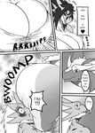  big_breasts blush breasts clothing comic day_with_dna dragon english_text female greyscale growth hair huge_breasts male monochrome muscles ryuakira shirt text 