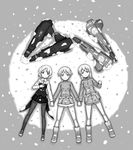  bad_id bad_pixiv_id black_legwear boots brave_witches eila_ilmatar_juutilainen greyscale highres holding_hands long_hair lying military military_uniform monochrome multiple_girls necktie nikka_edvardine_katajainen nisetabi pantyhose sanya_v_litvyak short_hair smile snow strike_witches striker_unit sweatdrop uniform white_legwear world_witches_series 