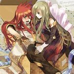  1girl ahoge bad_id bad_pixiv_id blonde_hair blue_eyes box brown_hair cardboard_box coat couple fingerless_gloves gloves gradient_hair green_eyes hetero long_hair luke_fon_fabre morning6am multicolored_hair pants red_hair ribbon sidelocks star tales_of_(series) tales_of_the_abyss tear_grants 