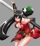  akaiwasi arc_system_works black_bra black_hair blazblue blazblue:_calamity_trigger bra breasts china_dress chinadress chinese_clothes cleavage dress female glasses lao_jiu litchi_faye_ling long_hair polearm ponytail red_eyes simple_background solo staff underwear very_long_hair weapon 