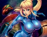  blonde blue_eyes bodysuit breasts cleavage huge_breasts impossible_suit jiggly_girls metroid naughty_look oppai reiq samus_aran space sultry zero_suit 