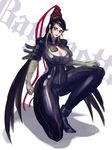  bad_id bad_pixiv_id bayonetta bayonetta_(character) beehive_hairdo black_hair blue_eyes breasts cleavage cleavage_cutout elbow_gloves glasses gloves hair_ribbon highres large_breasts lips lipstick long_hair makeup mole mole_under_mouth one_knee ribbon solo thick_thighs thighs updo very_long_hair zero_hime 