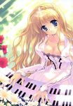  absurdres blonde_hair blue_eyes blush breasts cleavage copyright_request daffodil dress flower highres long_hair medium_breasts piano_keys rei_(rei's_room) rose solo tiara white_dress 