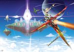  airplane battle blonde blonde_hair blue_eyes brown_hair cloud epic geworin gun highres jet military plane planet rifle sky smoke wallpaper weapon 