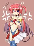  agito_(nanoha) blush covering covering_breasts crossed_arms embarrassed flat_chest long_hair lyrical_nanoha mahou_shoujo_lyrical_nanoha_strikers navel panties pointy_ears purple_eyes quad_tails red_hair solo sweatdrop tail thighhighs underwear wardrobe_malfunction wings yuuki_shougo 