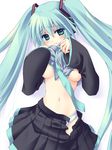  aqua_hair breasts hatsune_miku kinosaki kinosaki_yuki long_hair medium_breasts open_clothes open_skirt panties shirt_lift skirt solo twintails underboob underwear very_long_hair vocaloid 