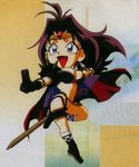  90s araizumi_rui blue_eyes boots breasts cape chibi cleavage crystal_earrings earrings highres jewelry knee_boots large_breasts long_hair multicolored multicolored_cape multicolored_clothes naga_the_serpent necklace purple_hair revealing_clothes slayers smile solo swimsuit sword weapon 