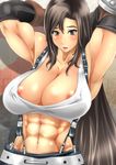  1girl abs alop-net armpits arms_up biceps black_eyes black_hair breasts final_fantasy final_fantasy_vii highres large_breasts long_hair macto muscle muscles muscular_female nipple_slip nipples solo tifa_lockhart very_long_hair 