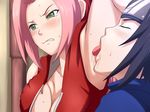  armpit armpit_licking armpits blush breast_grab breasts clenched_teeth grabbing green_eyes grope groping haruno_sakura licking maku_(l-u) makura_no_doushi naruto pink_hair sweat tears teeth uchiha_sasuke 