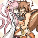  ahoge animal_ears asymmetrical_docking bare_shoulders blazblue blush breast_press breasts brown_hair cat_ears cat_tail daddy_pomgi glasses hands_on_hips jacket kokonoe large_breasts makoto_nanaya midriff multiple_girls orange_skirt pink_hair sketch skirt smile squirrel_ears squirrel_tail tail twintails underboob 