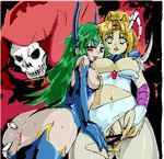  2girls 6rinne anus ass blank_eyes breasts bridal_gauntlets censored cloak elbow_gloves evil female final_fantasy final_fantasy_iv gloves green_hair grey_eyes hood horns leotard long_hair multiple_girls naughty_face nipples pussy red_eyes rosa_farrell rydia shoulder_pads skull spread_pussy thighhighs tiara transformation yuri 