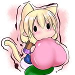  animal_ears blonde_hair cat_ears cat_tail chibi eating extra_ears food fruit holding holding_food holding_fruit hoshizuki_(seigetsu) kemonomimi_mode leaf mizuhashi_parsee peach puru-see scarf solo tail touhou trembling 