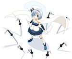  alternate_costume bad_id bad_pixiv_id black_hairband blue_eyes boots bow cape cosplay from_above full_body gloves hair_bow hairband hitodama hujikok konpaku_youmu konpaku_youmu_(ghost) magical_girl mahou_shoujo_madoka_magica miki_sayaka miki_sayaka_(cosplay) short_hair silver_hair simple_background skirt solo standing sword tassel thighhighs touhou weapon white_gloves white_legwear 