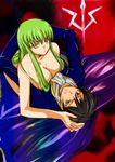  1boy 1girl black_hair breasts c.c. cc censored cleavage cloak clothed_male_nude_female code_geass convenient_censoring couple female green_hair hair_over_breasts hand_on_another's_head hetero hug lekinoko lelouch_lamperouge long_hair male nude purple_eyes short_hair yellow_eyes 